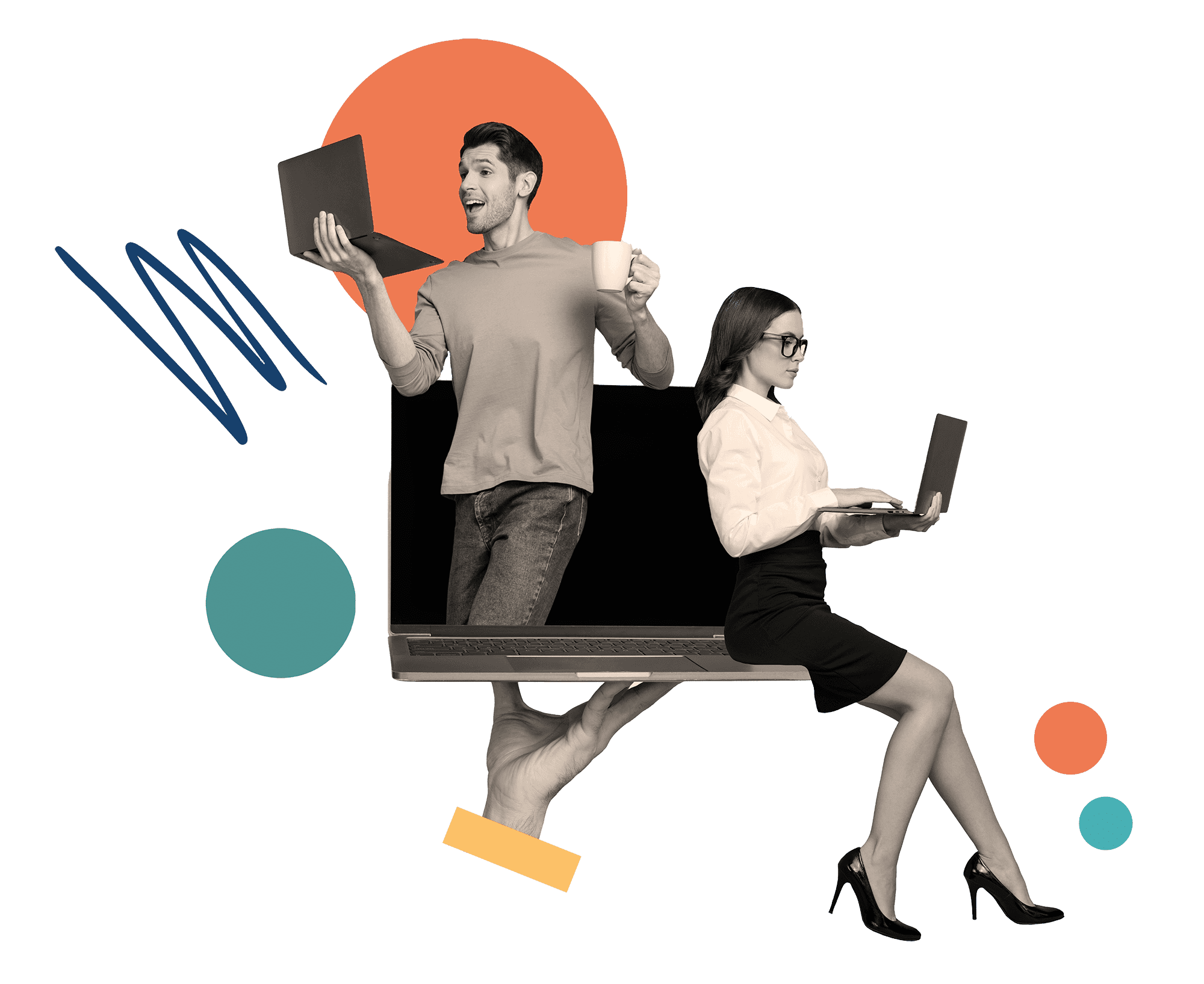 Collage of a man and a woman with laptops beside a large screen