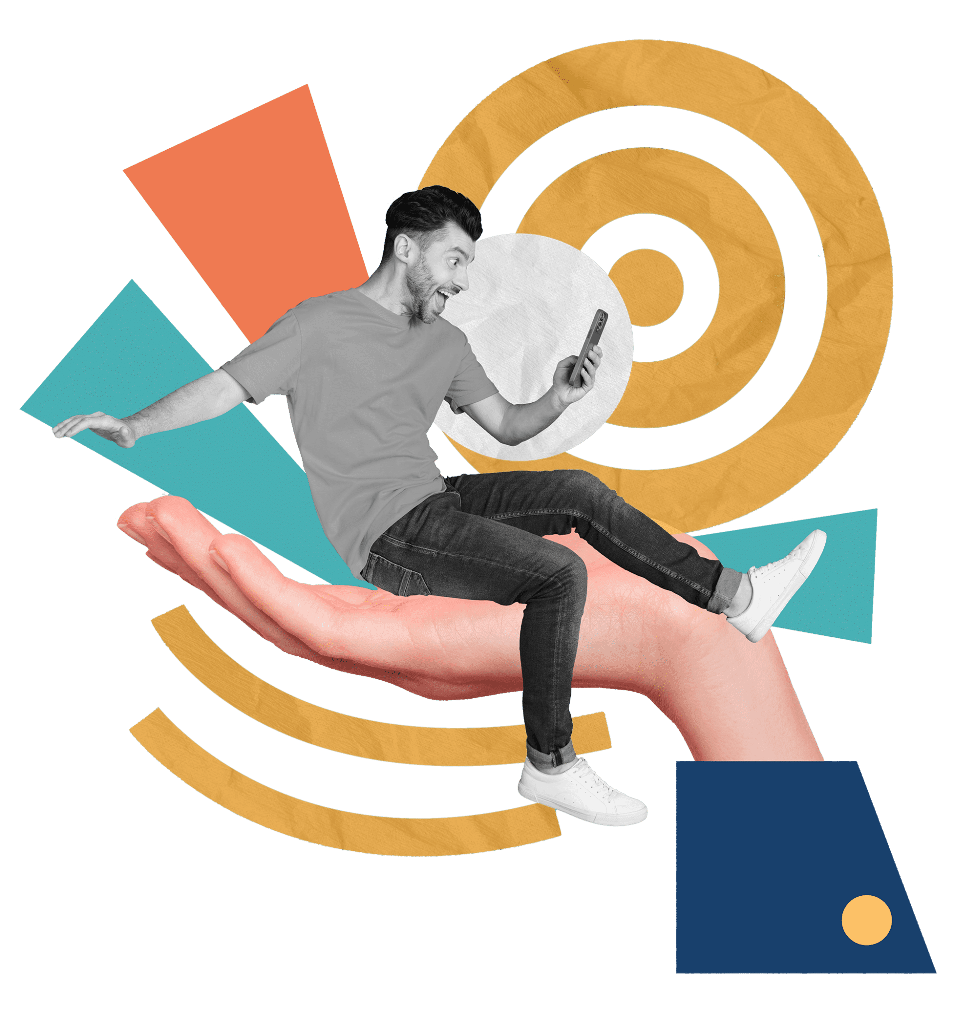 Collage of a man on his phone sitting in a giant open hand