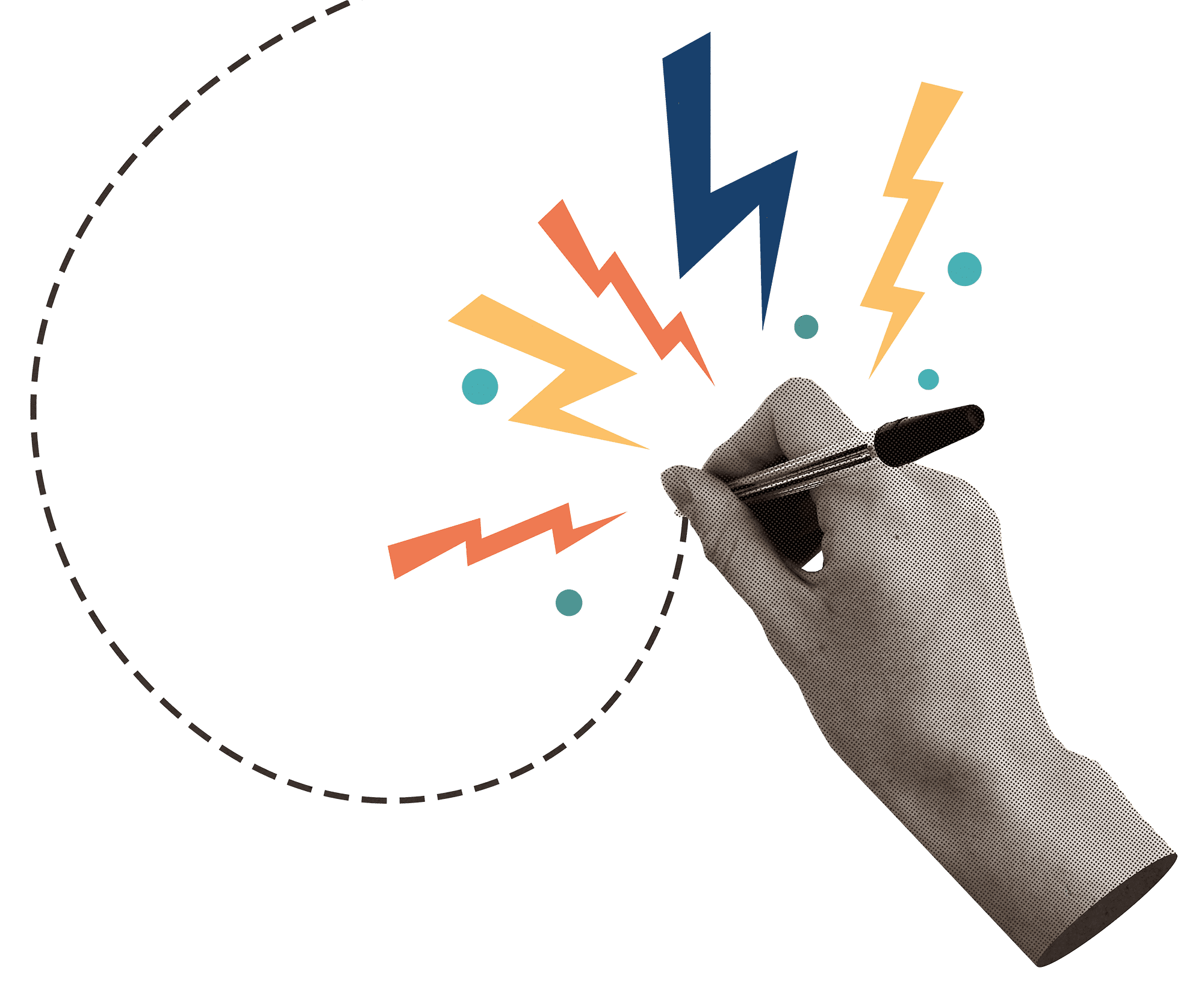 Collage of a hand drawing lightning bolts with a marker