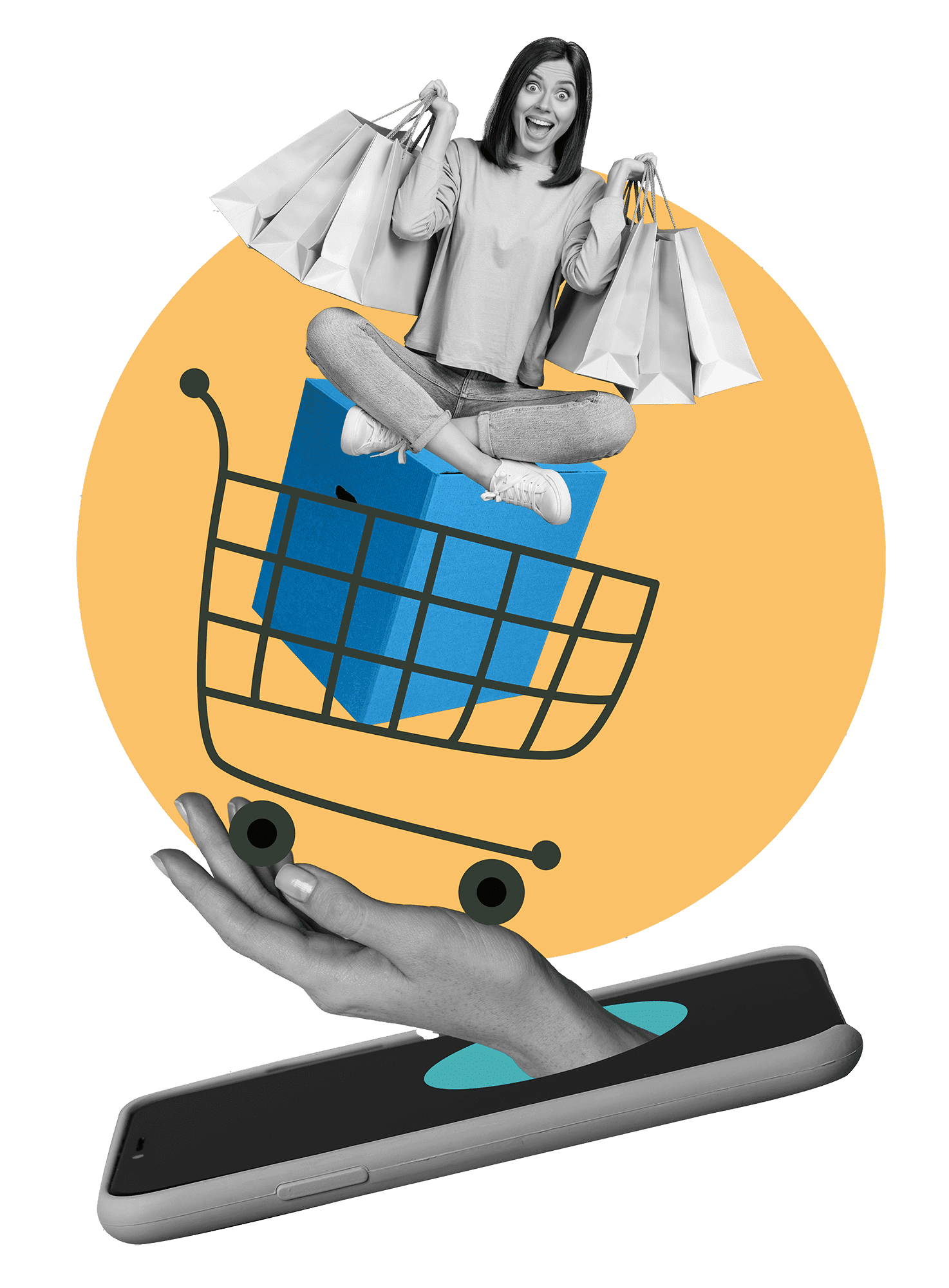 Illustration of a woman carrying shopping bags, sitting in a trolley rising from a smartphone