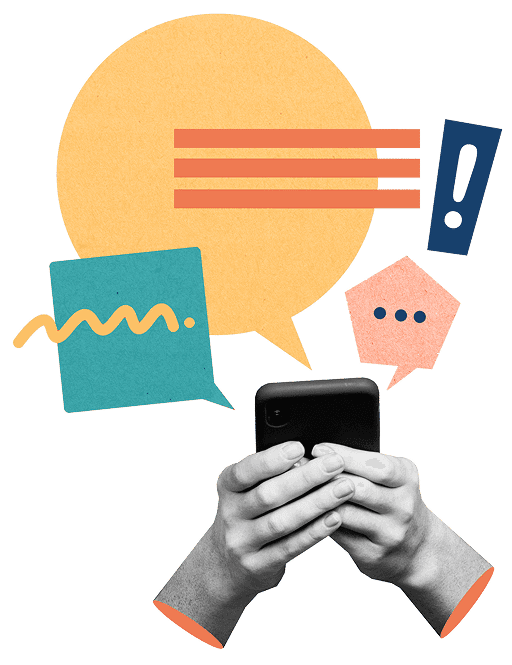 Collage of hands holding a smartphone beneath speech bubbles