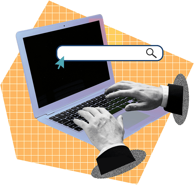 Collage of hands typing on a laptop with a search bar on screen