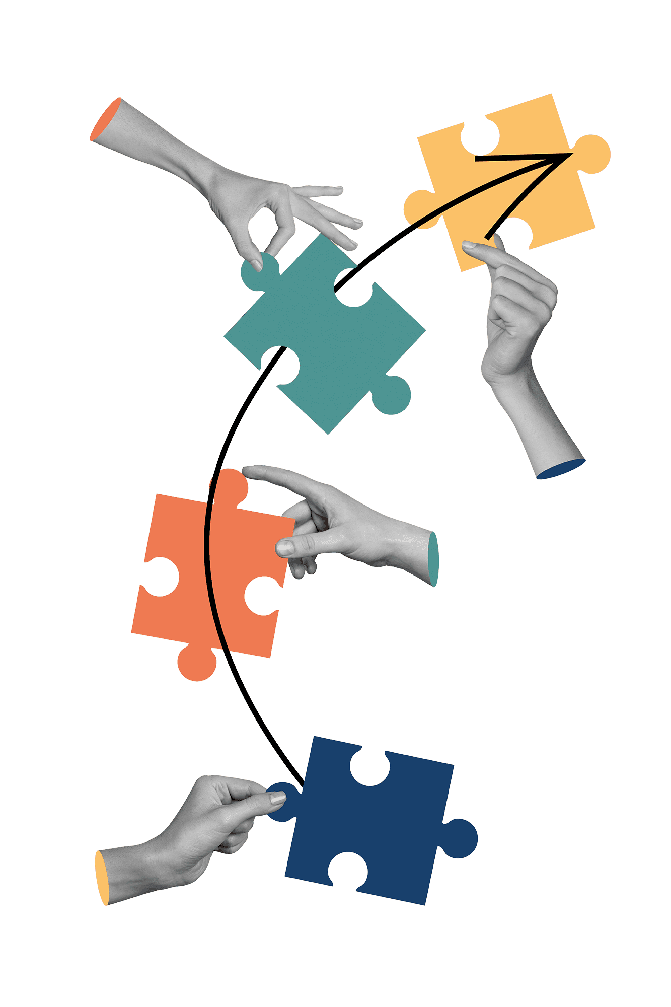 Collage of hands fitting jigsaw pieces together along a curved arrow
