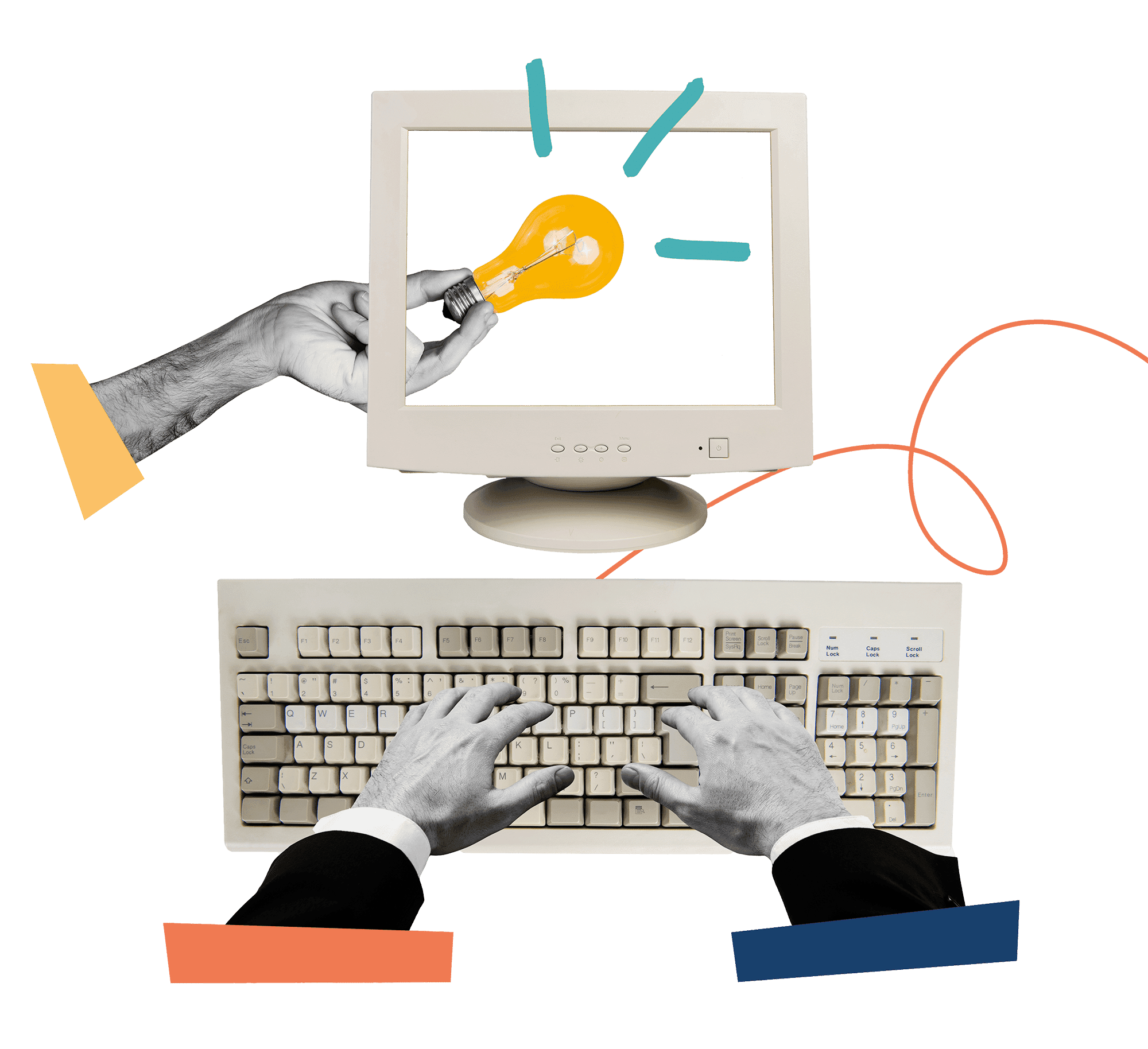 Collage of hands typing on a vintage computer with a light bulb on its screen