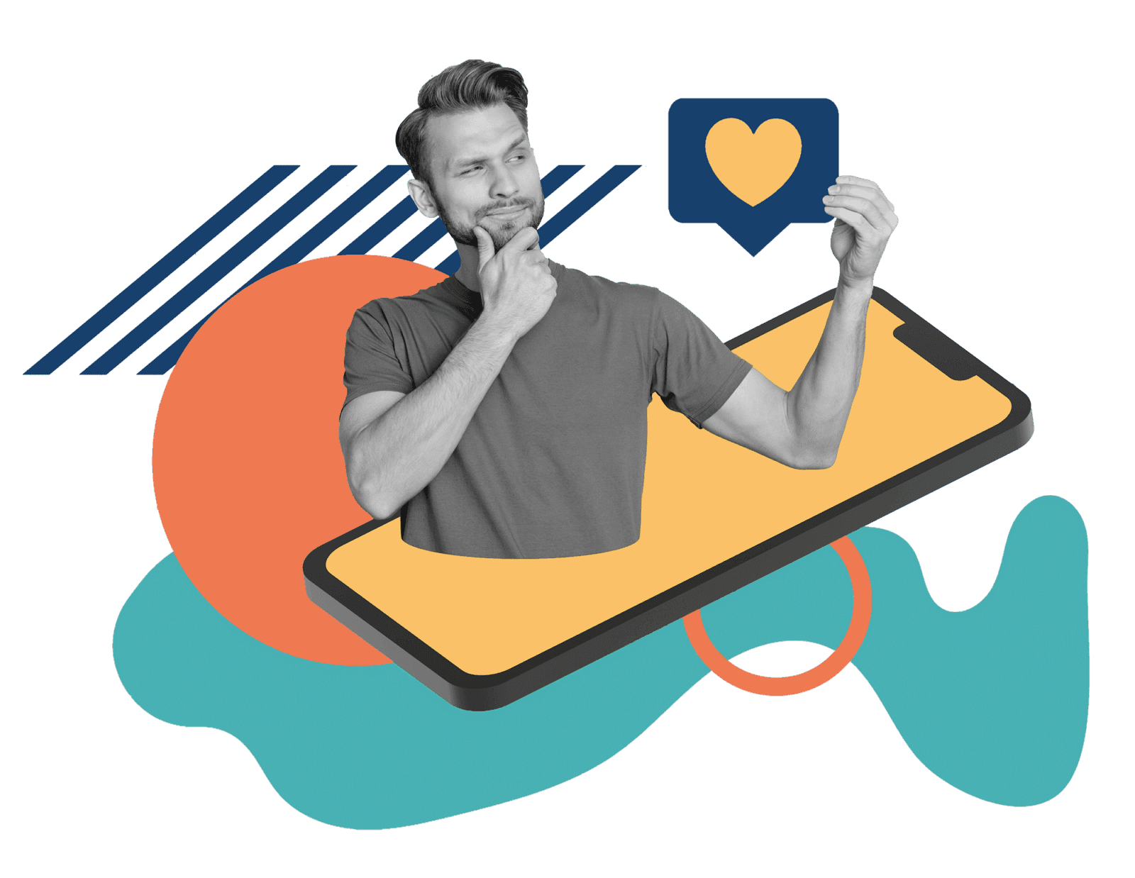 Collage of a thoughtful man leaning out of a giant smartphone beside a heart icon