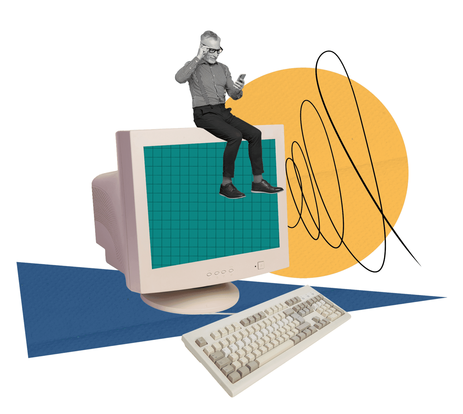 Collage of a man on his phone sitting on top of a vintage computer monitor