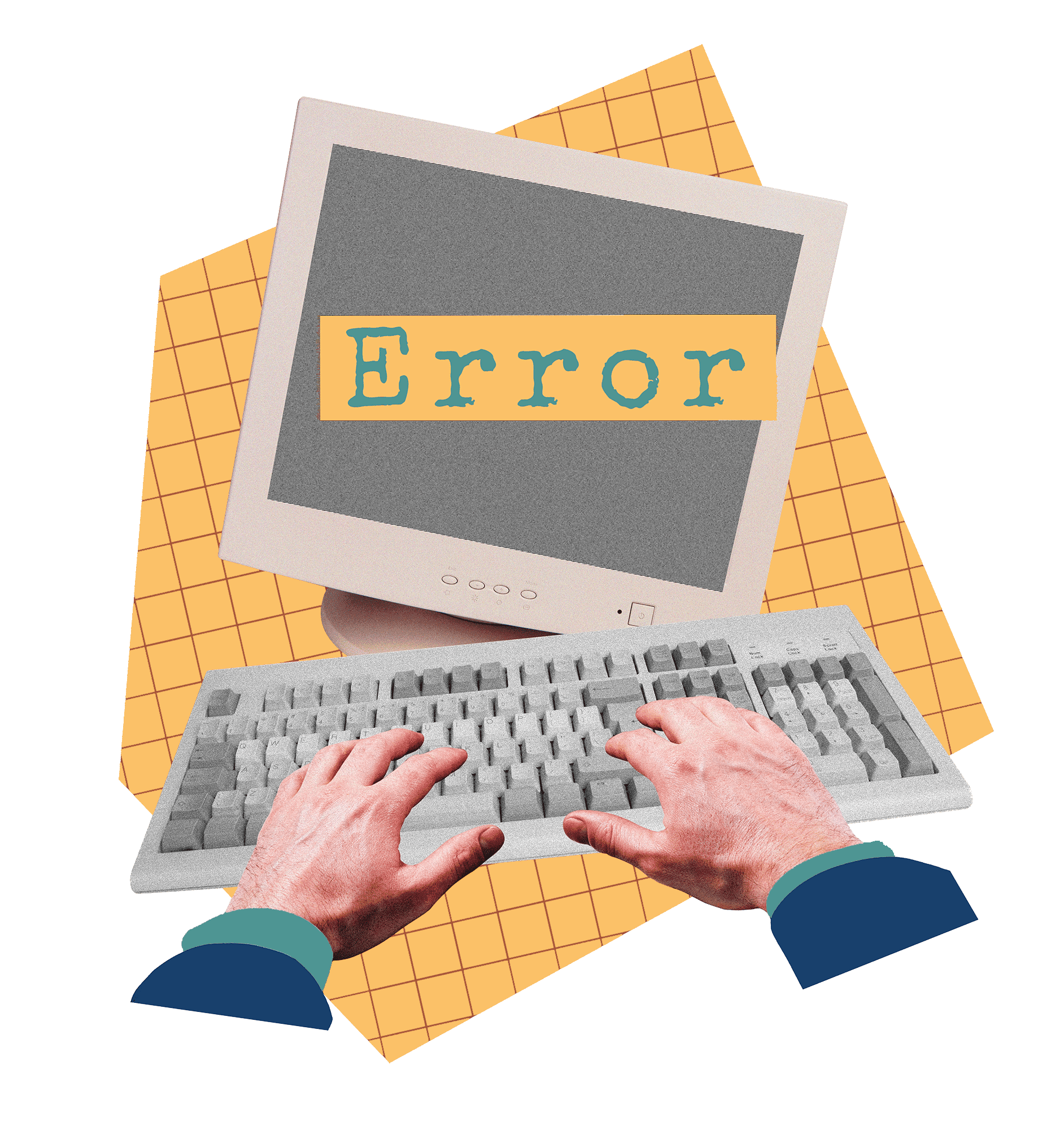 Collage of hands typing on a vintage computer showing an error message