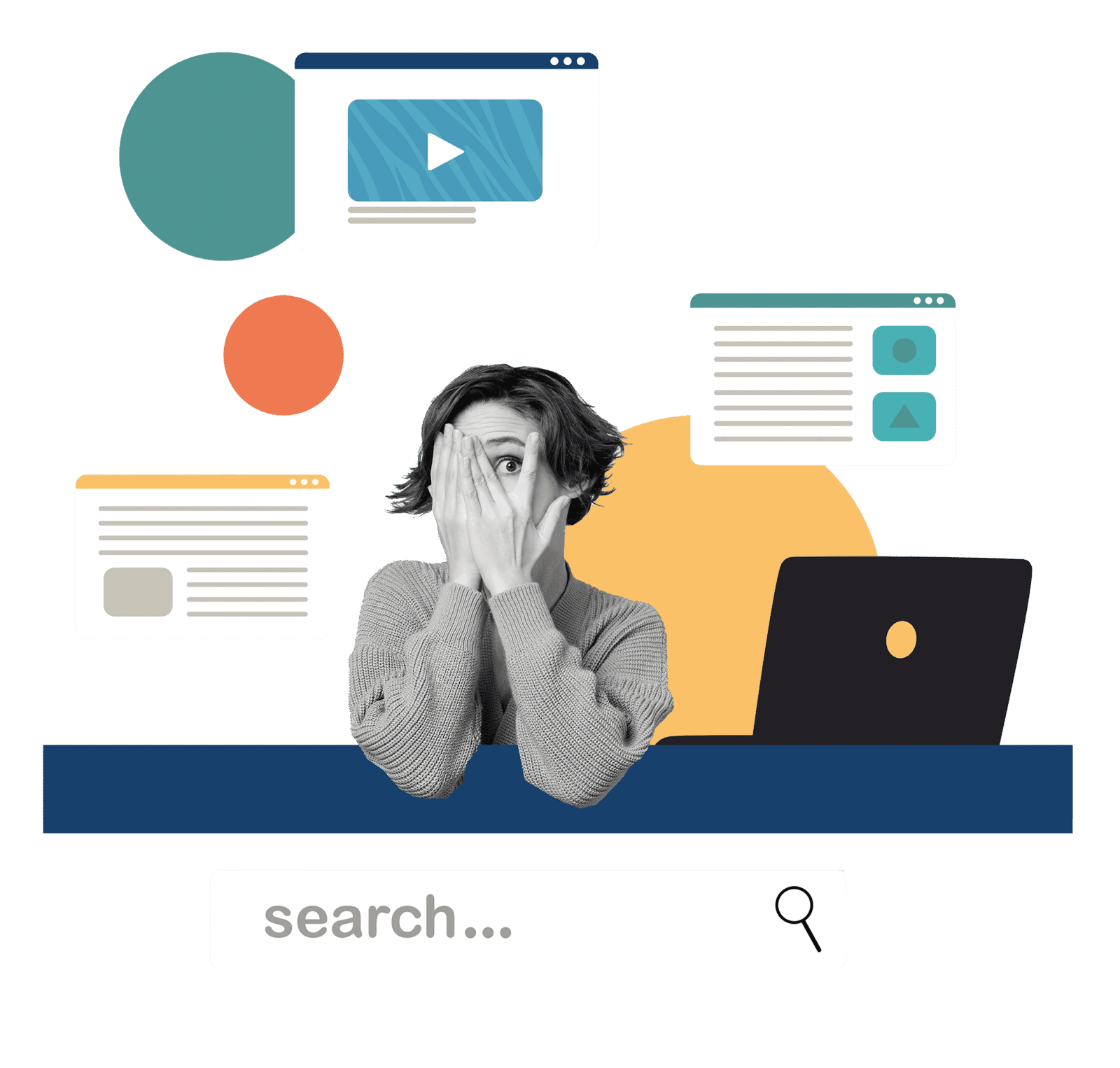 Illustration of a woman peeking through her fingers beside a search bar and a laptop