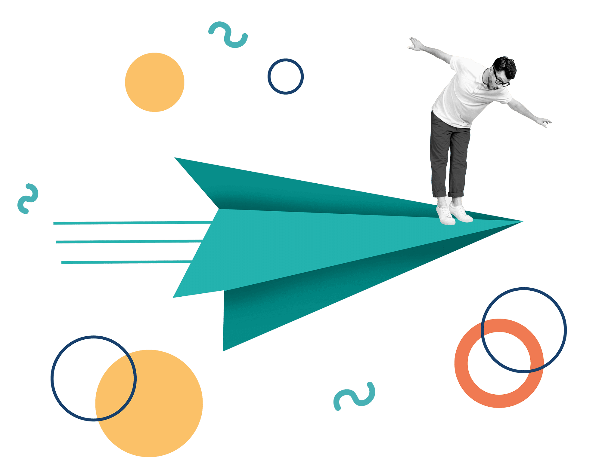 Collage of a man riding a giant paper aeroplane
