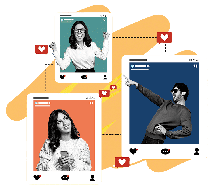 Collage of social media posts with people reacting and like notifications