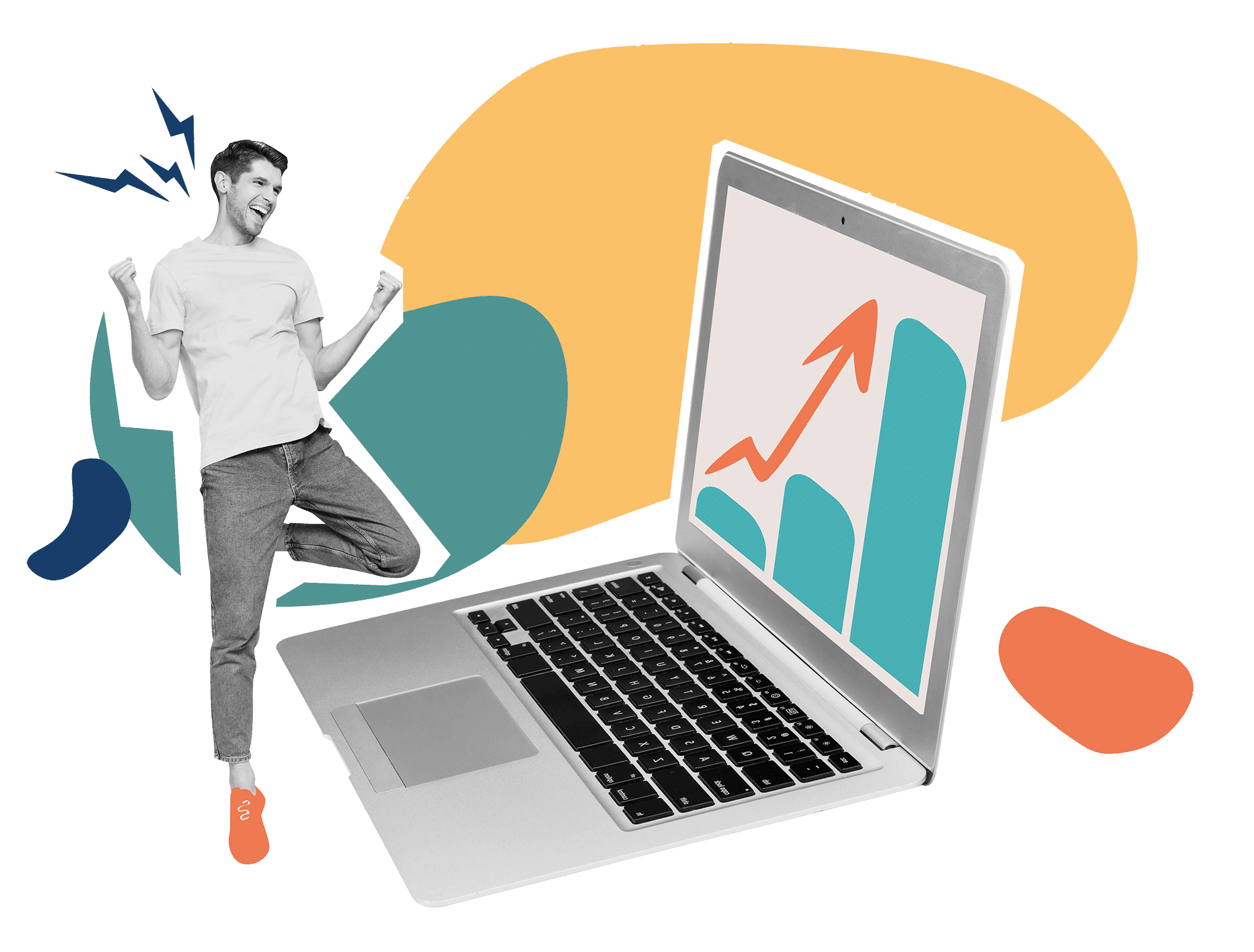 Illustration of a man celebrating beside a laptop showing a rising sales chart
