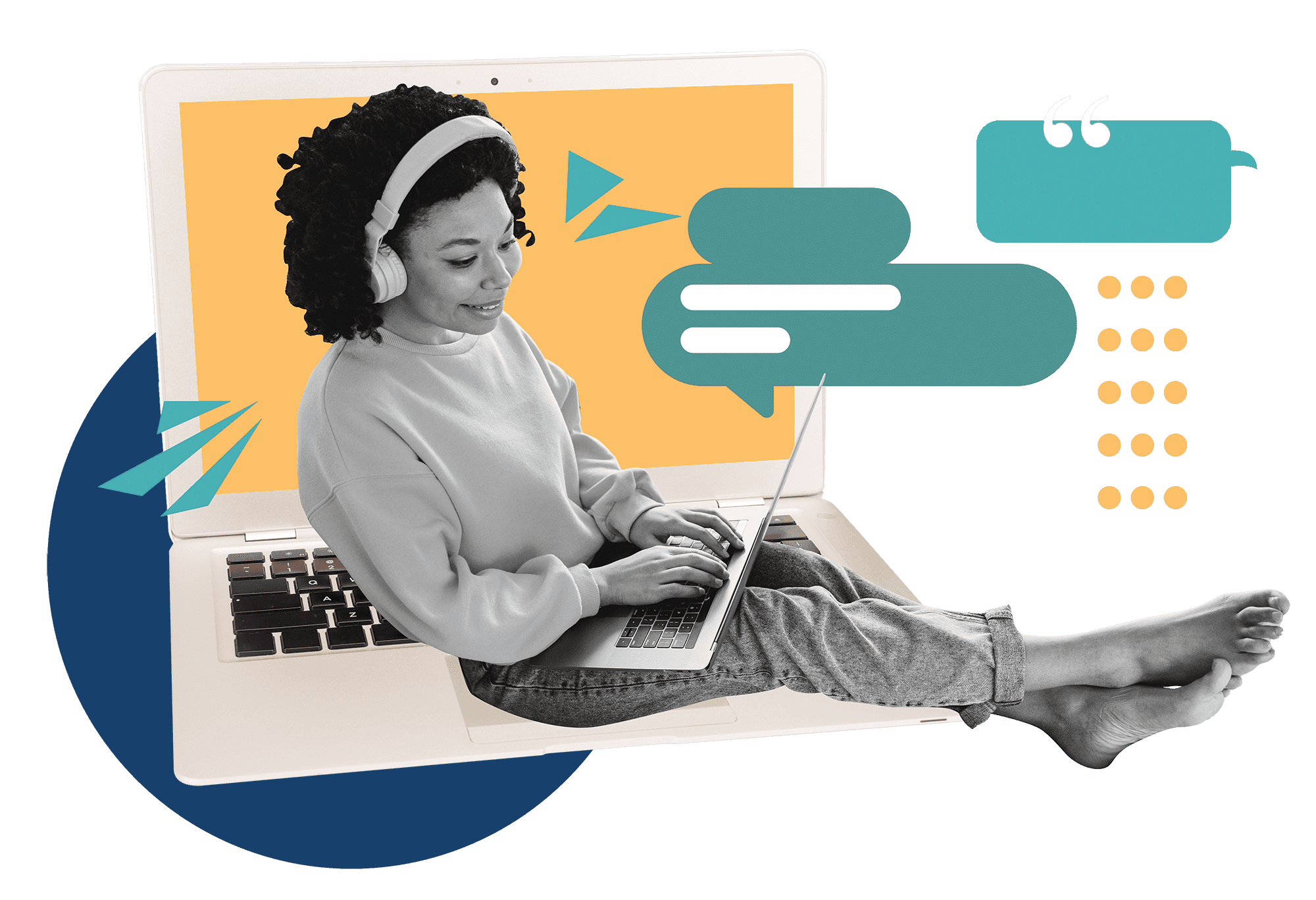 Collage of a woman sitting on a giant laptop, with speech bubbles