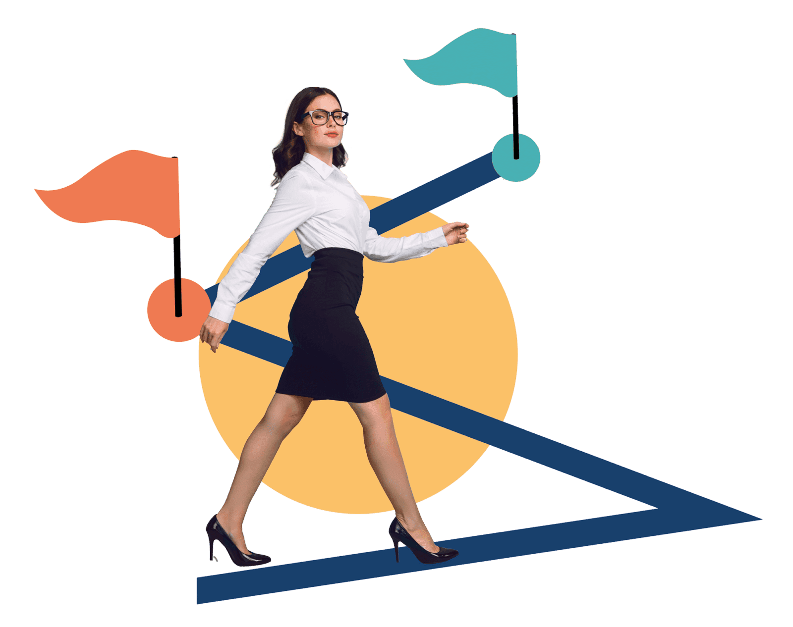 Collage of a woman walking up a slope between two flags