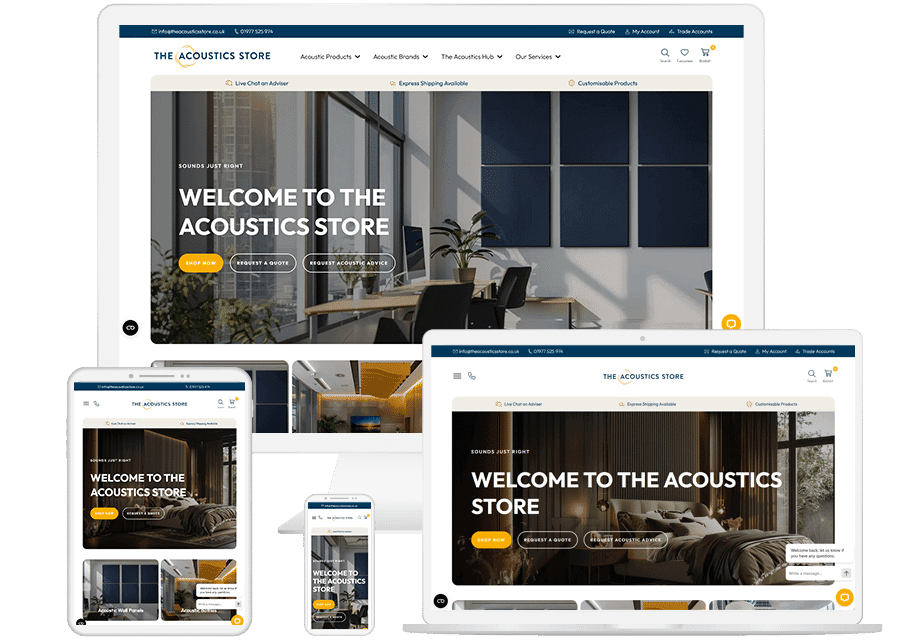 The Acoustics Store website shown on a laptop, tablet and phone