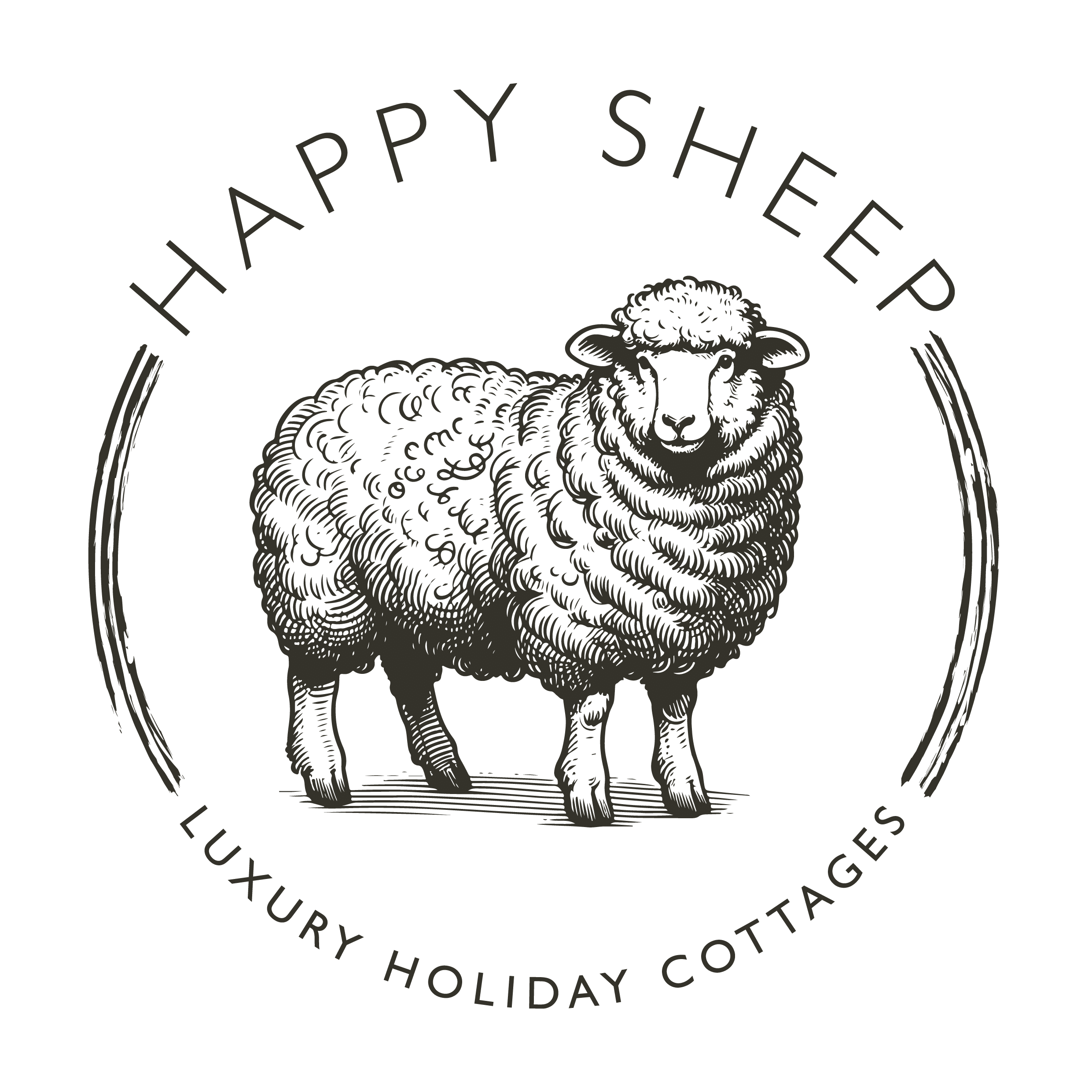 Happy Sheep Luxury Holiday Cottages logo: an engraved sheep inside a circle