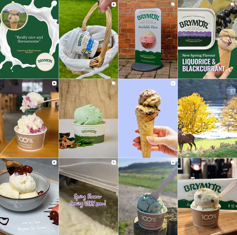 Grid of Brymor Instagram posts showing ice cream tubs, cones and sundaes