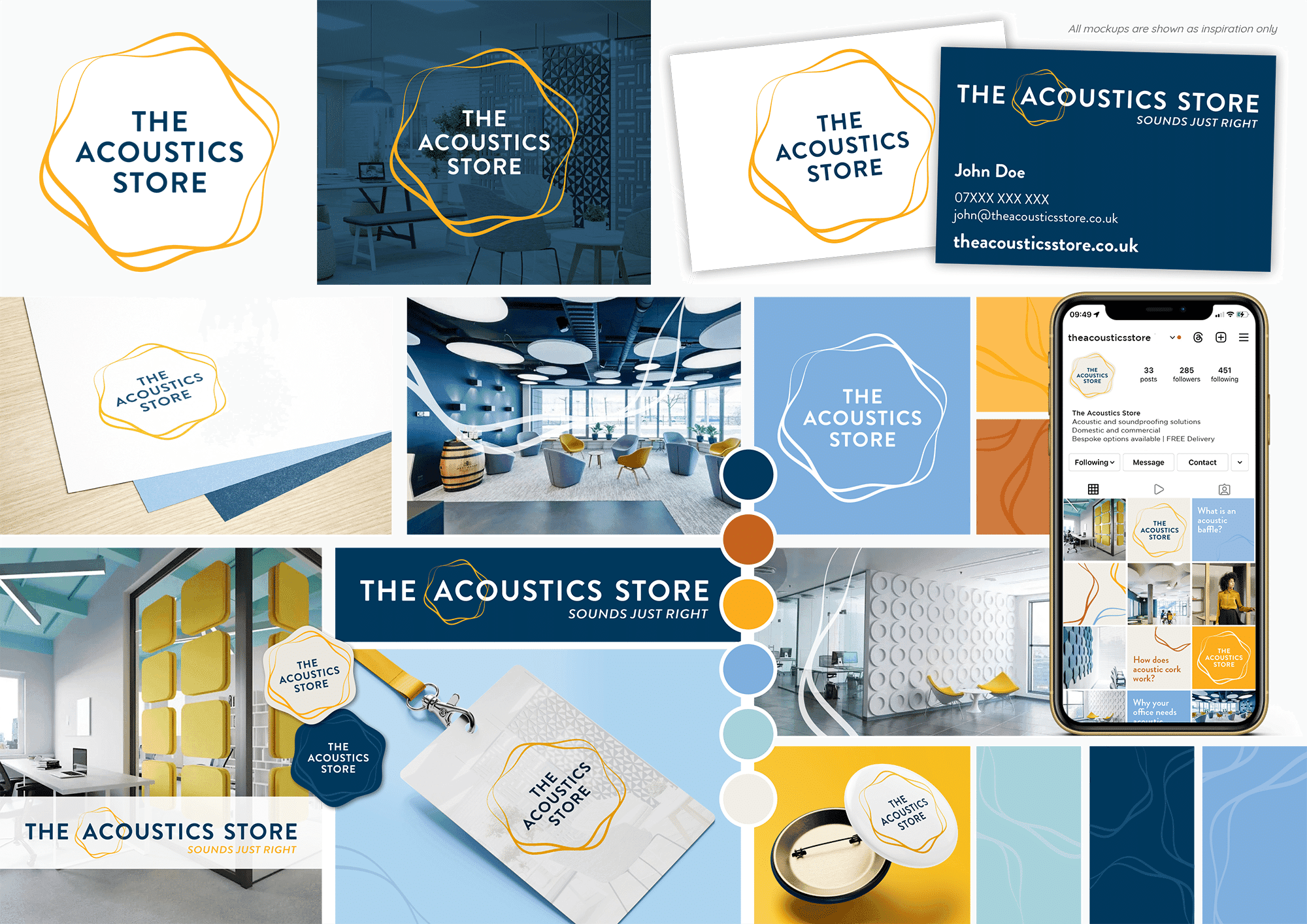The Acoustics Store brand board: logo variations, business card, colour palette and branded merchandise