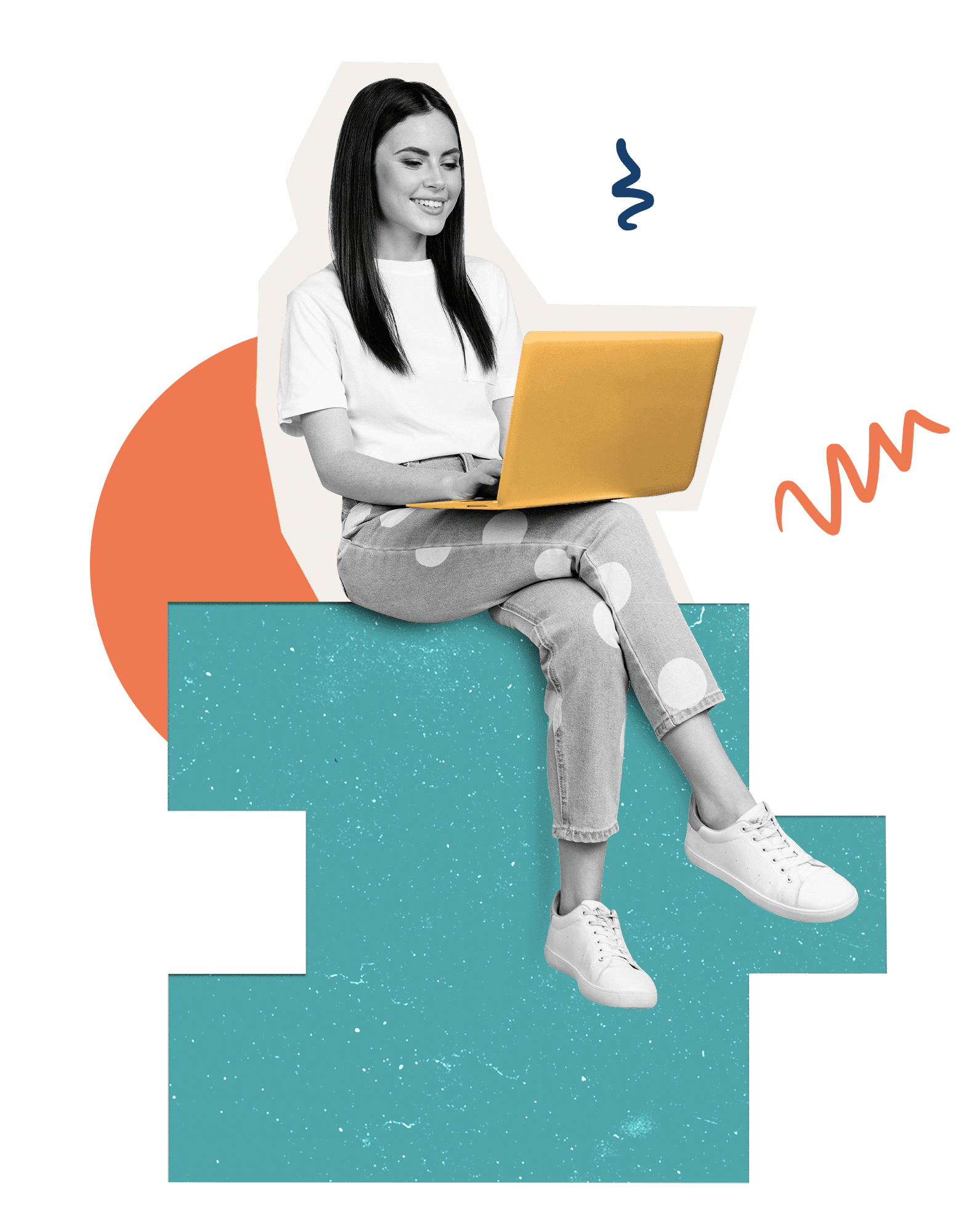 Collage of a woman with a laptop sitting on a teal block