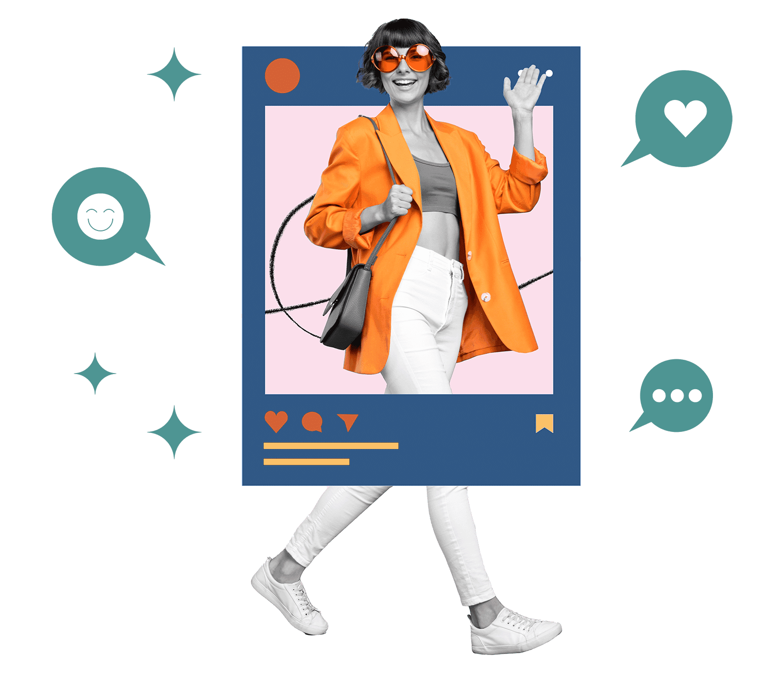 Illustration of a woman in an orange jacket stepping out of a social media post