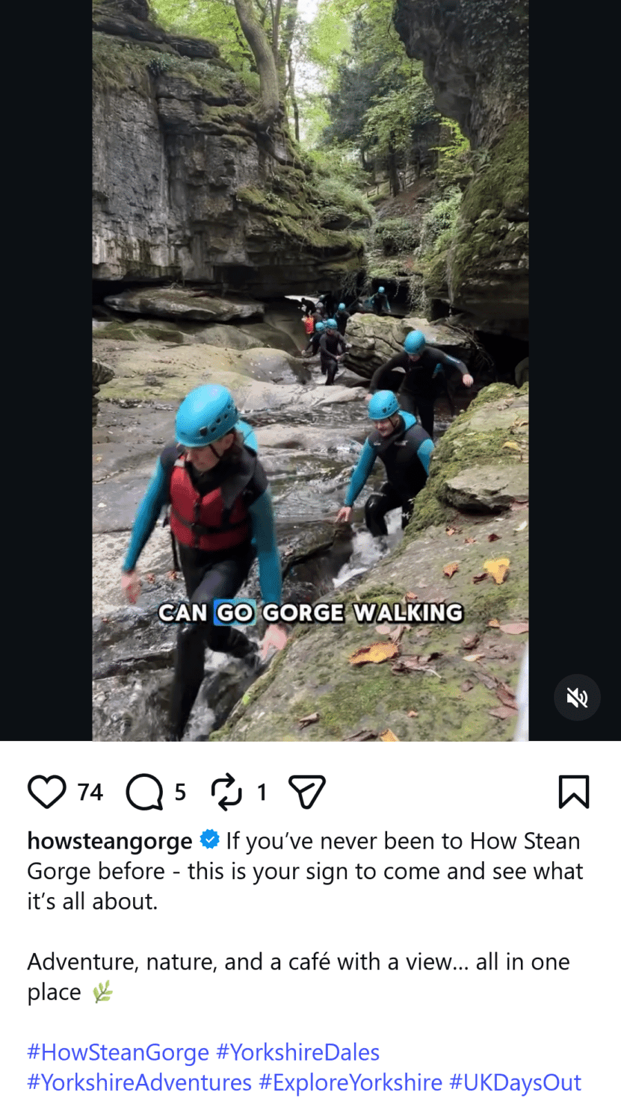 How Stean Gorge Instagram post showing a group gorge walking