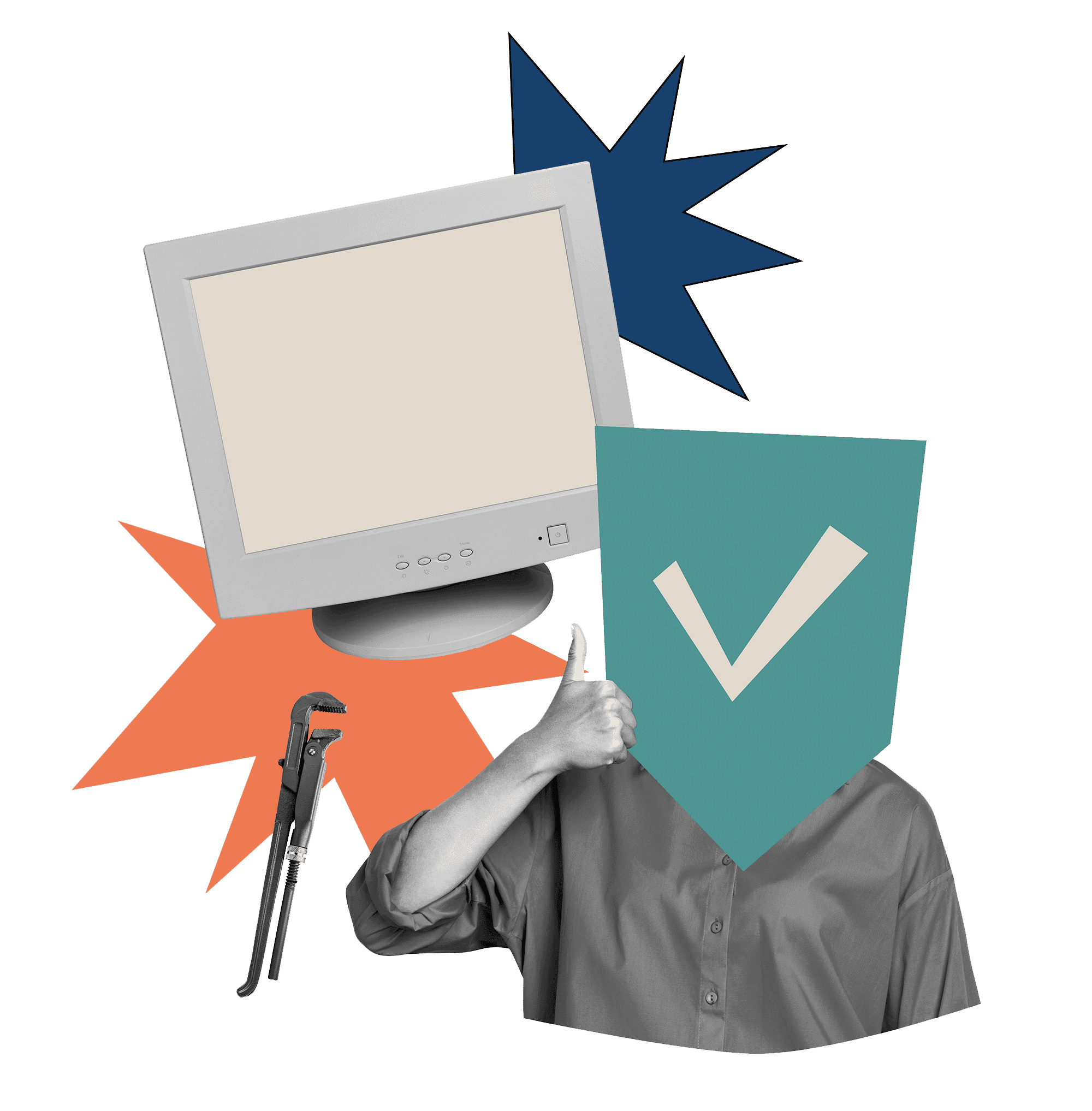 Collage of a person with a computer monitor for a head, holding a spanner beside a tick shield