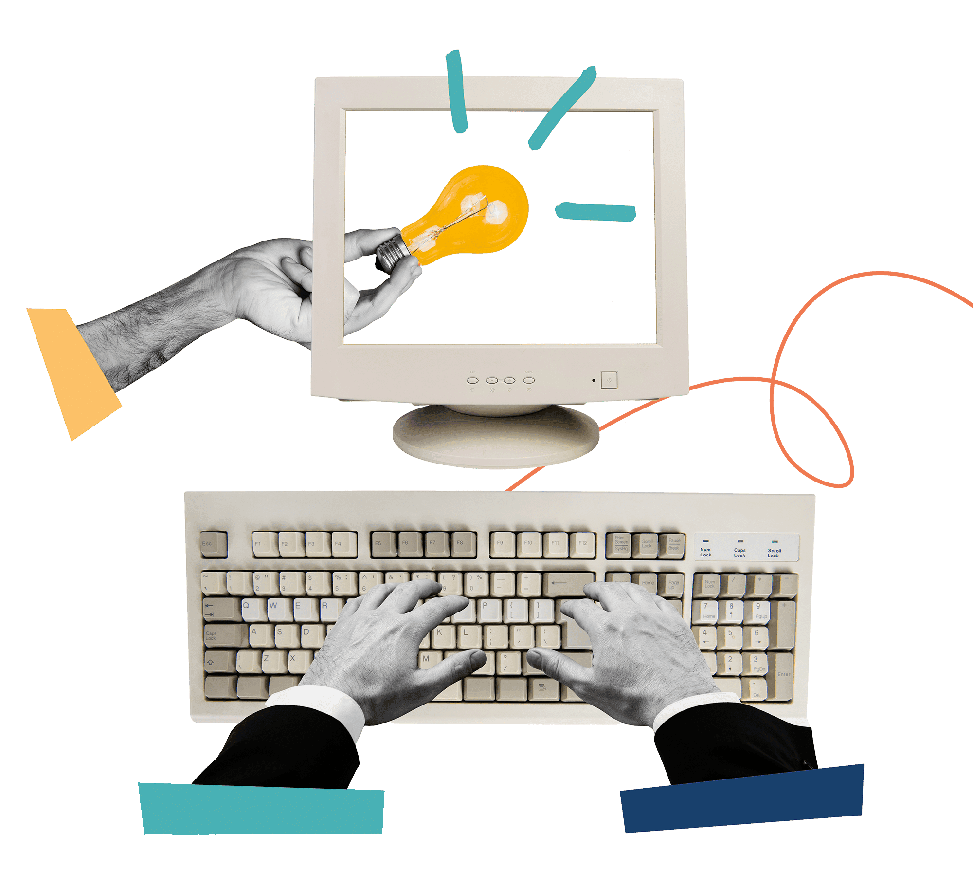 Collage of hands typing on a vintage computer with a light bulb on its screen