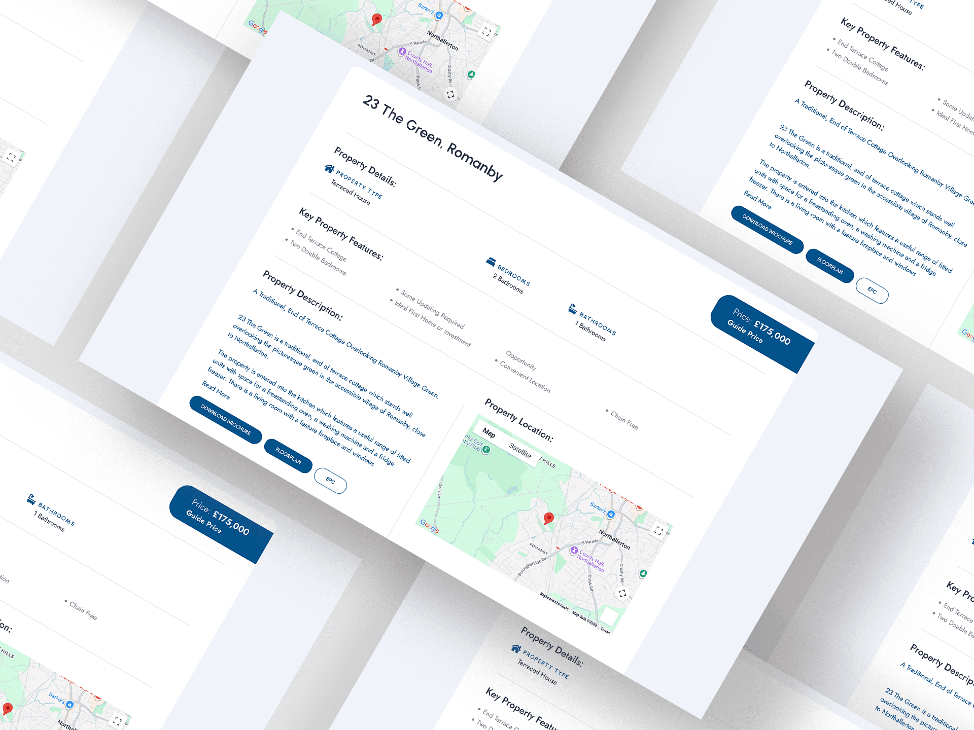 Robin Jessop property listing pages with a map, shown at an angle