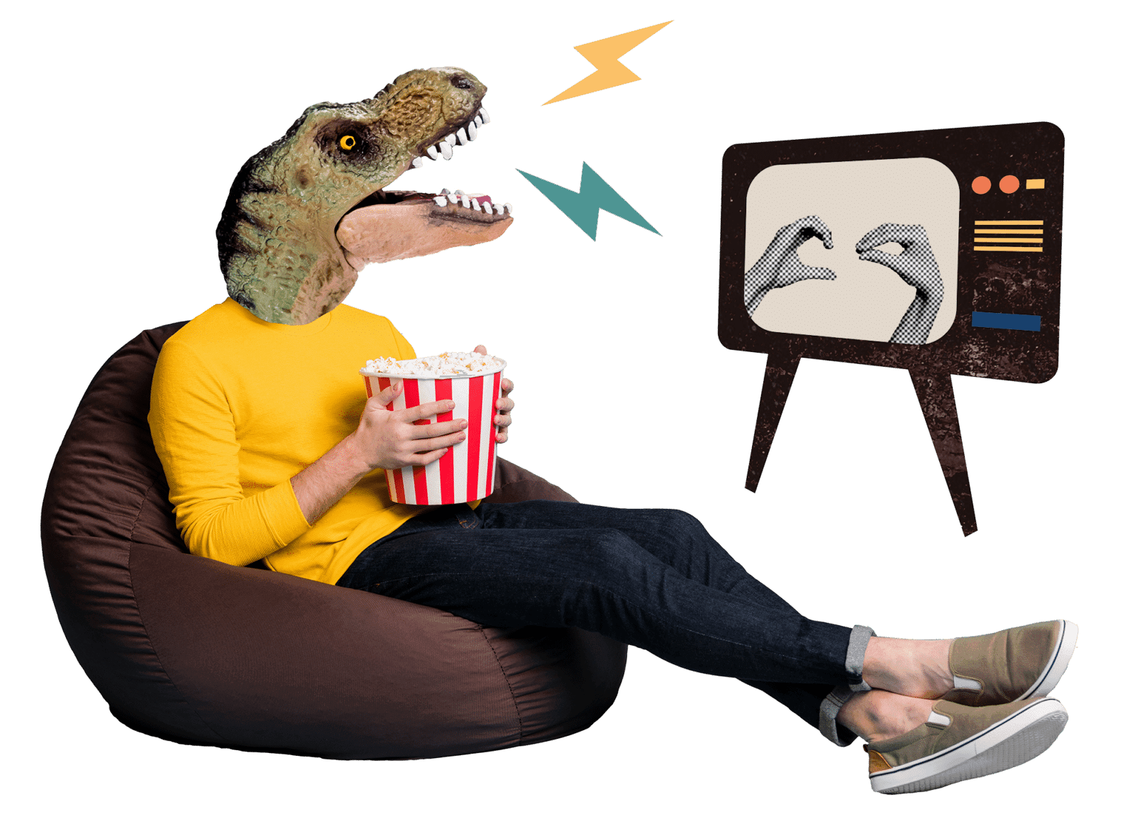 Collage of a person with a dinosaur head eating popcorn in front of a vintage television
