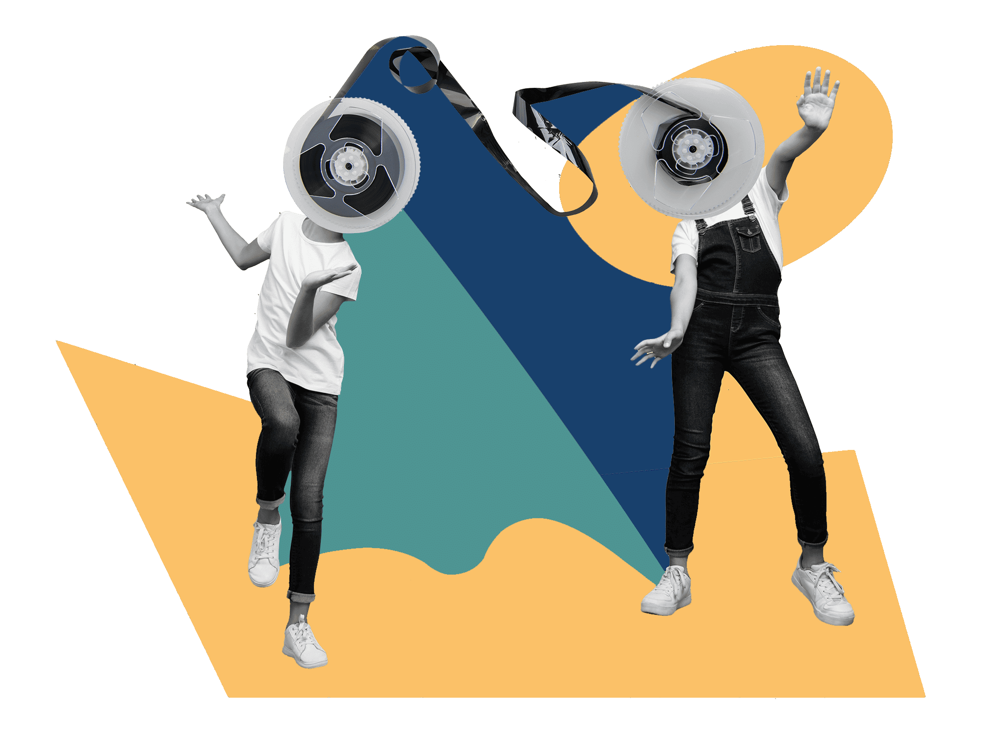 Collage of two dancers with film-reel heads