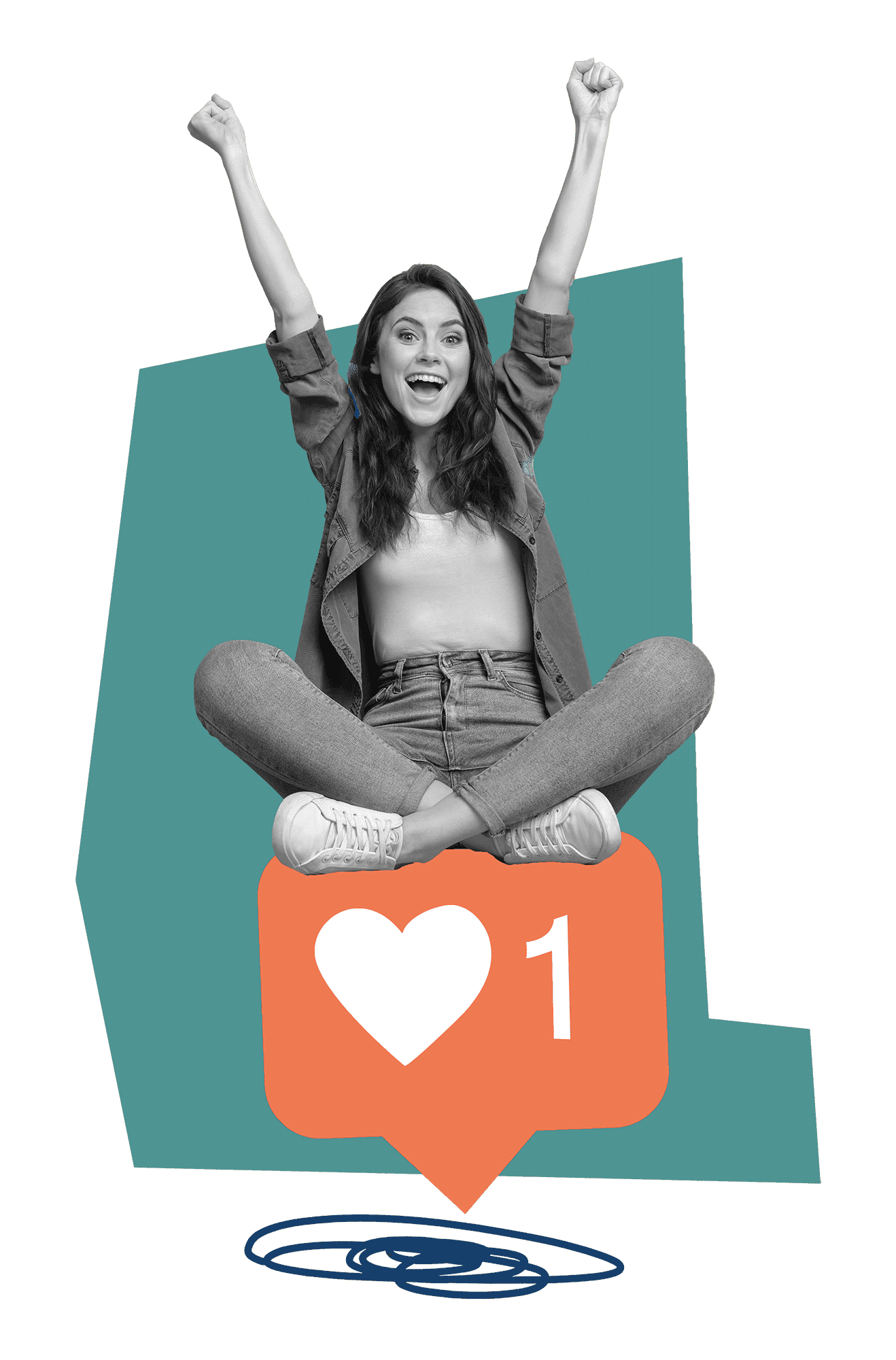 Collage of a woman cheering above a heart-shaped like notification