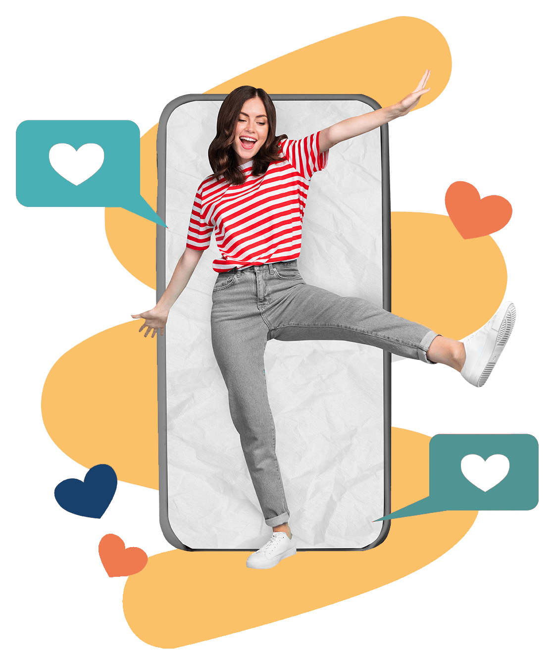 Illustration of a woman dancing out of a smartphone screen, surrounded by hearts