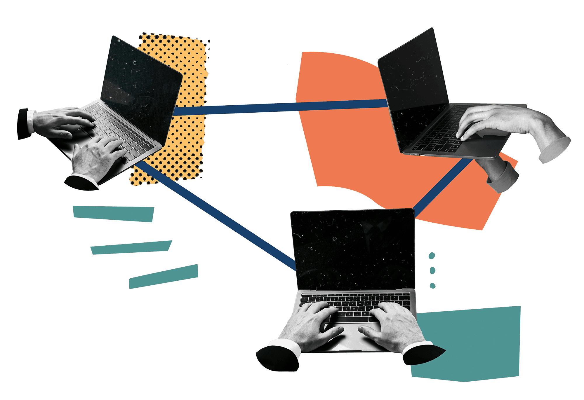 Collage of three people on laptops connected by lines