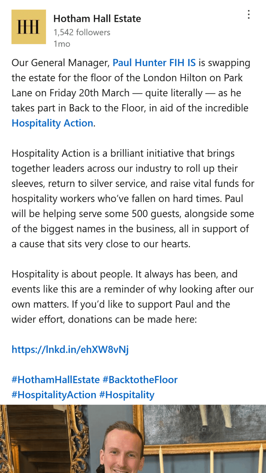 Hotham Hall Estate LinkedIn post about its general manager taking part in Hospitality Action's Back to the Floor
