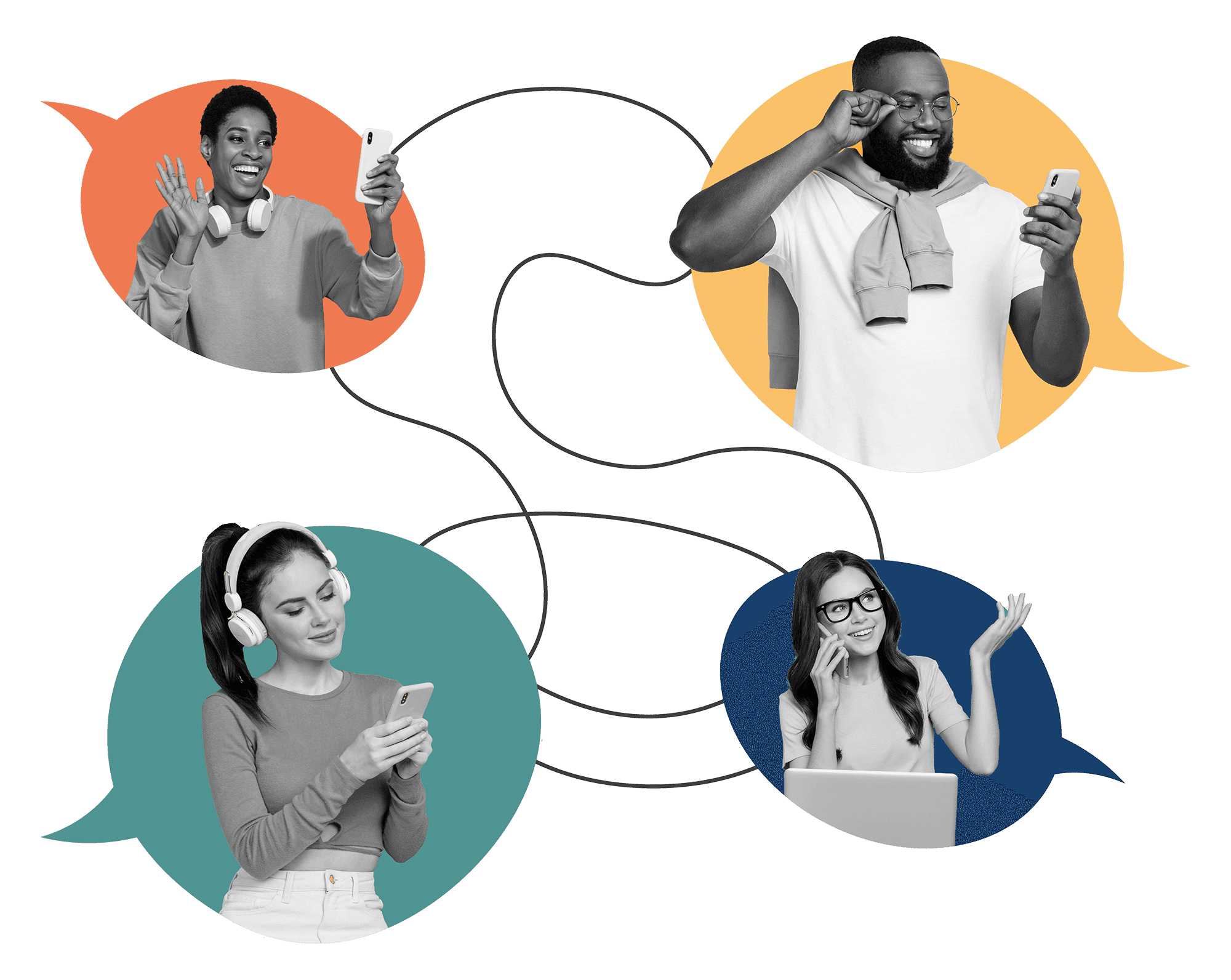 Collage of four people on their phones, linked by a looping line