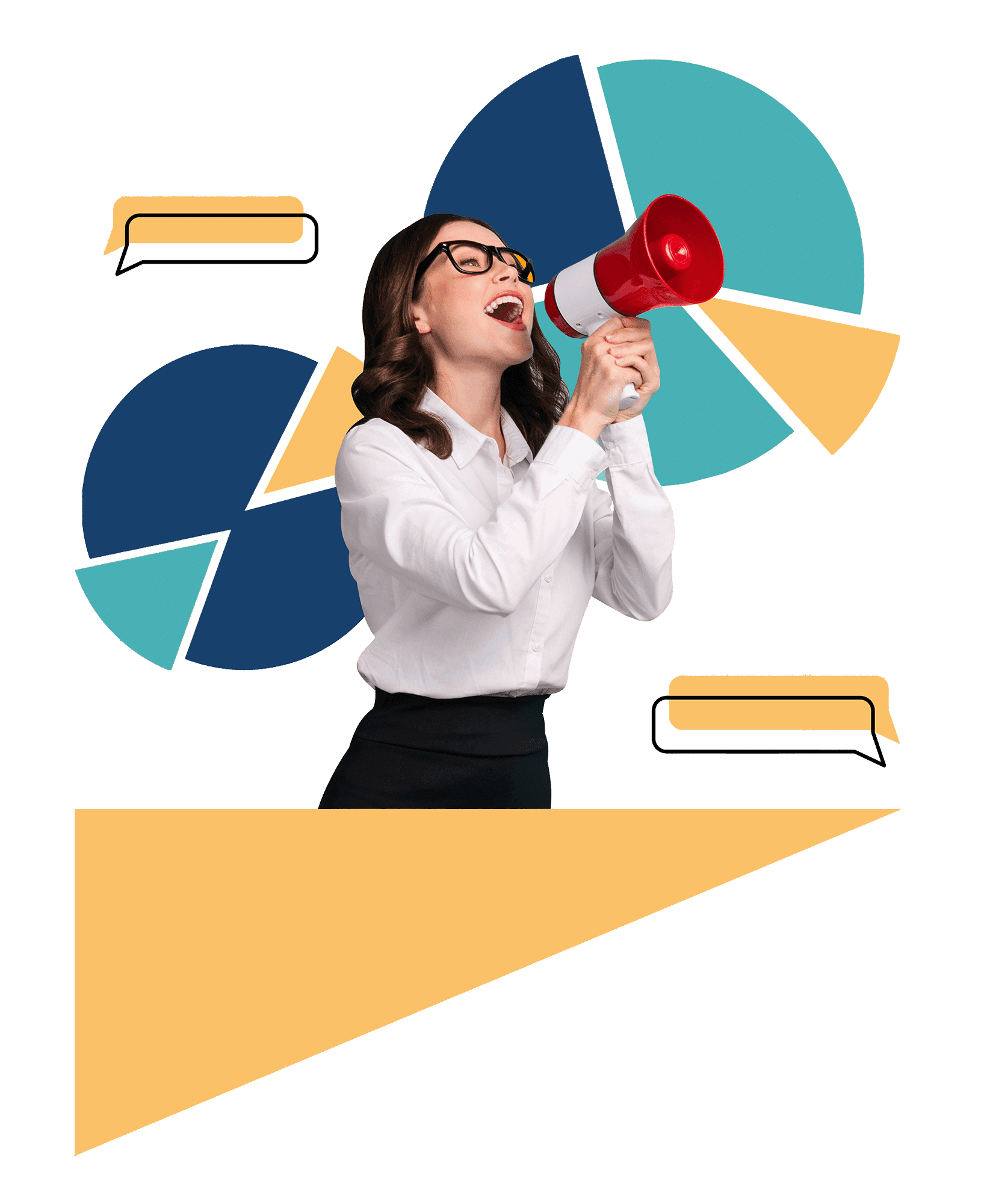 Collage of a woman shouting into a megaphone among pie-chart shapes