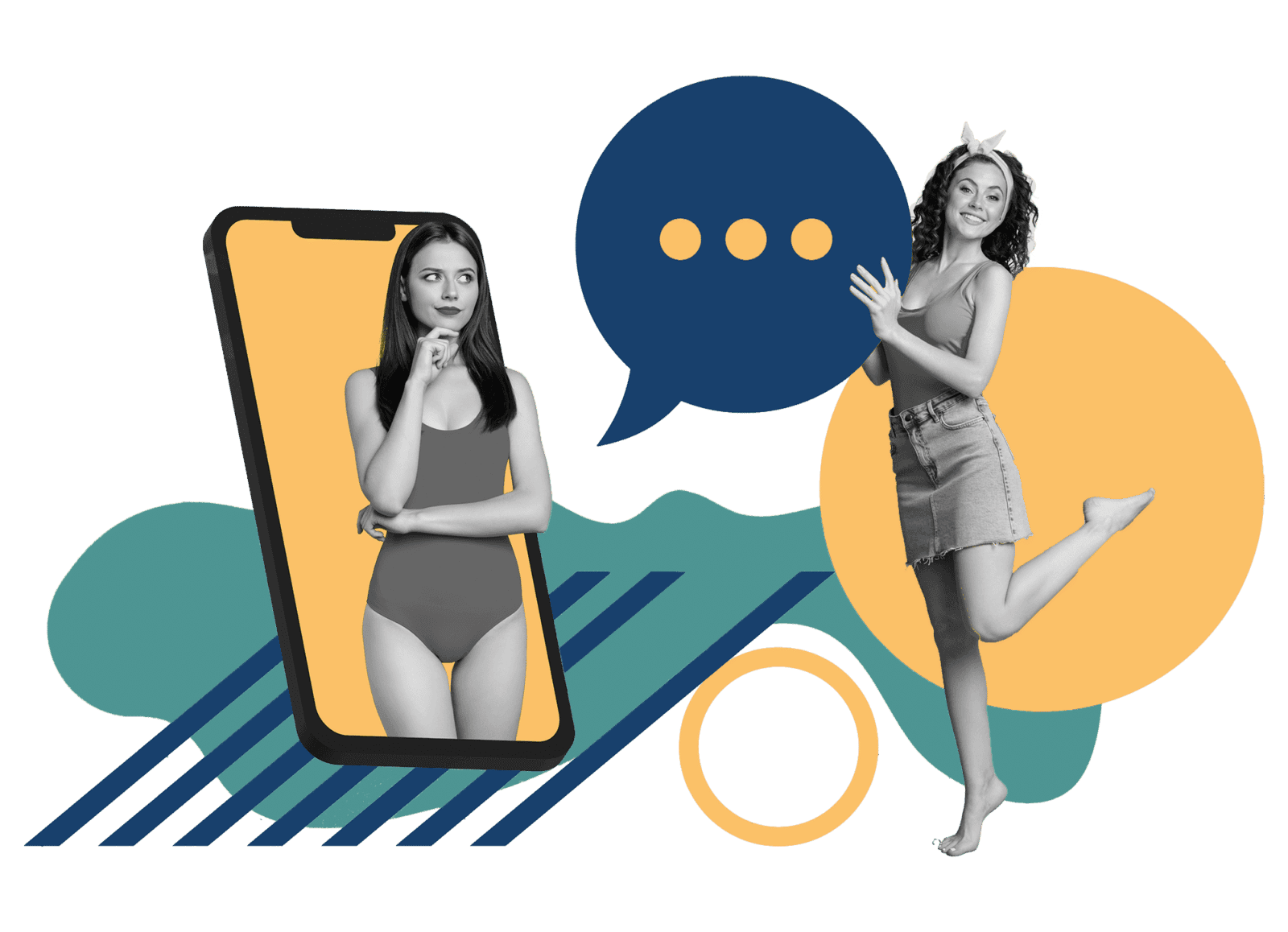Collage of a woman in a giant smartphone and a woman dancing beside a speech bubble