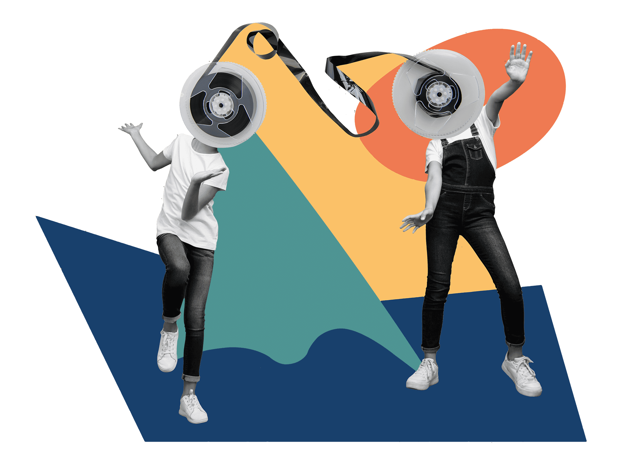 Collage of two dancers with film-reel heads