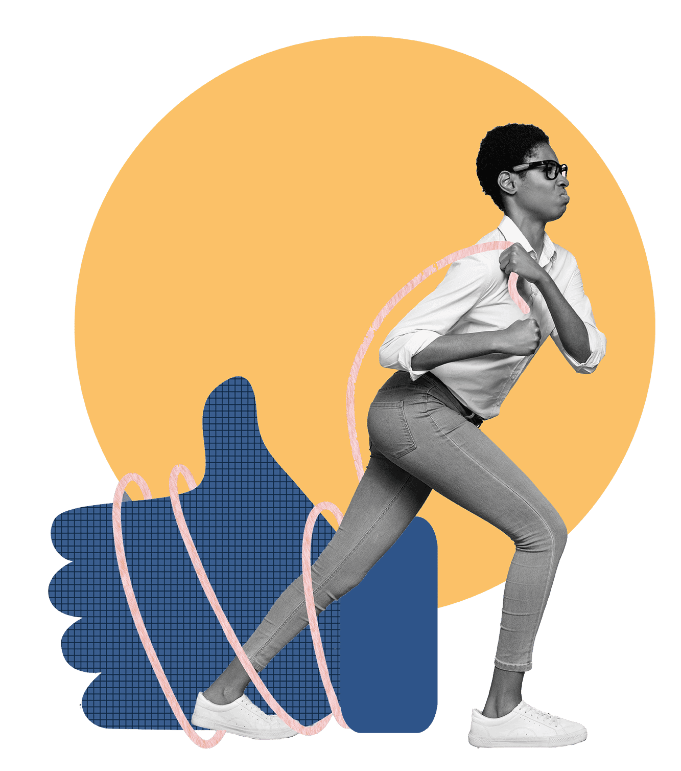 Illustration of a woman striding past a giant thumbs-up