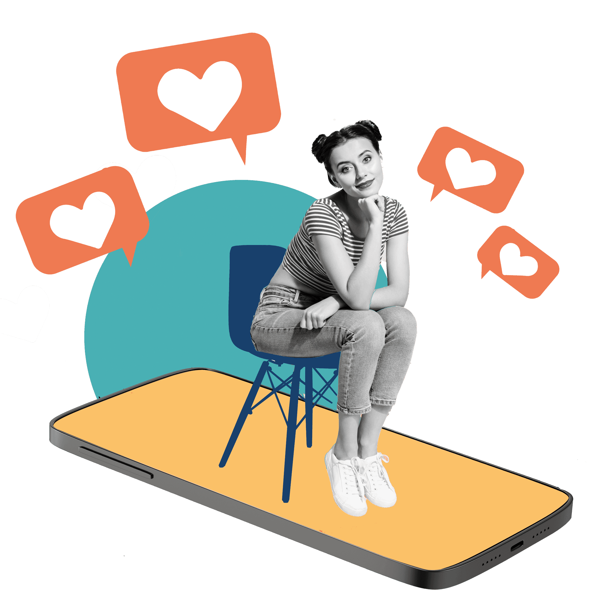 Illustration of a woman sitting on a chair on top of a giant smartphone, surrounded by heart icons