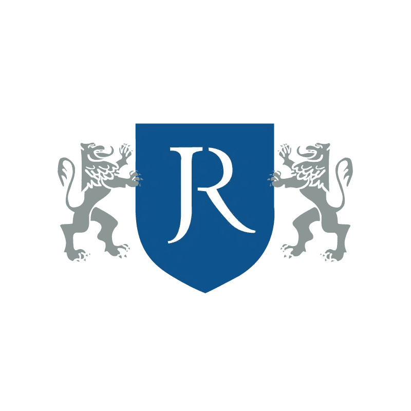 Robin Jessop logo: an RJ monogram on a blue shield between two lions