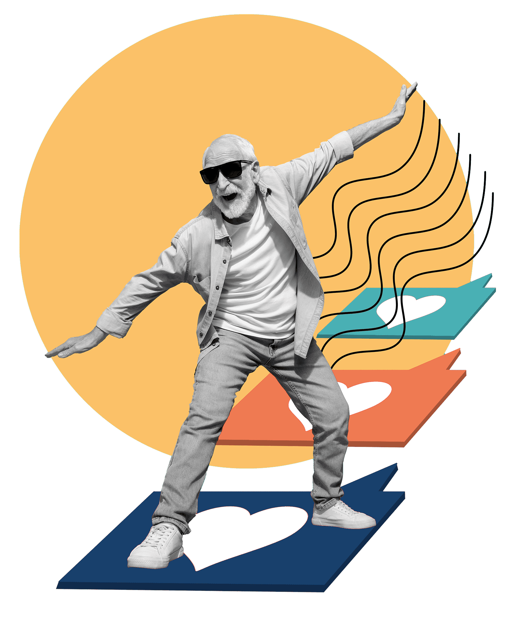Collage of an older man in sunglasses dancing