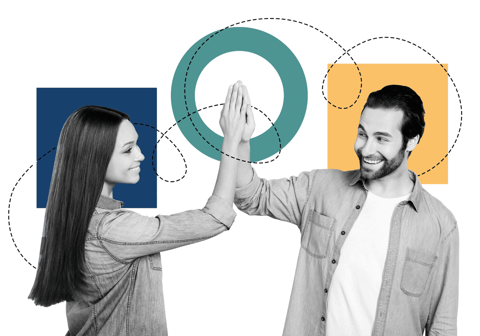 Collage of a man and a woman giving each other a high five