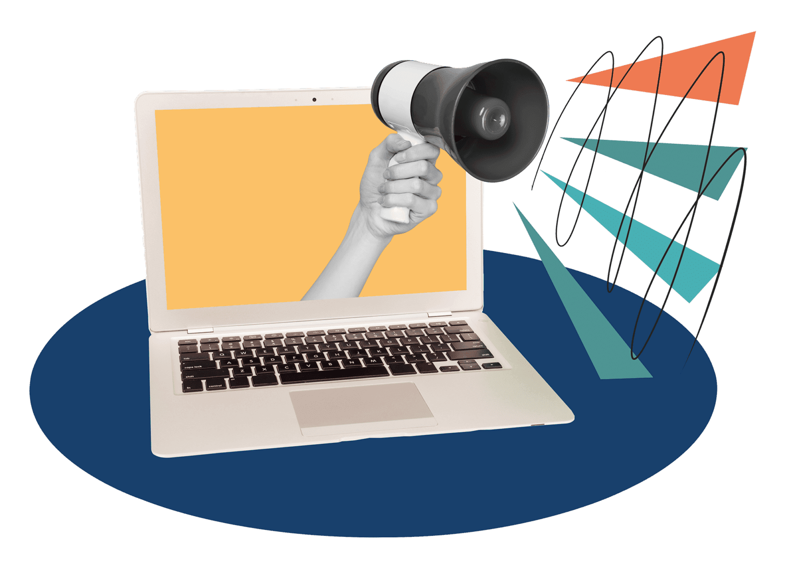 Collage of a hand holding a megaphone out of a laptop screen
