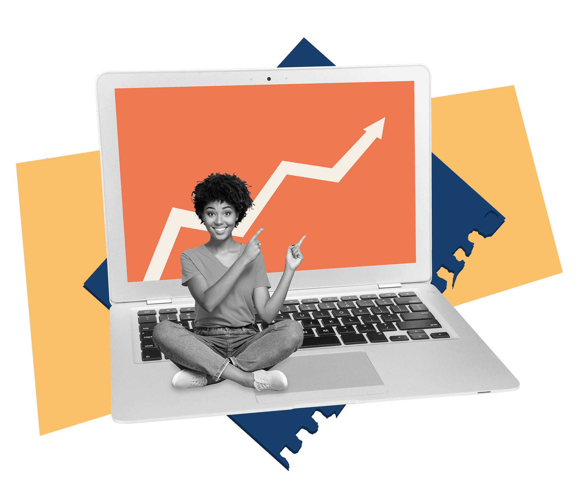 Collage of a woman sitting on a laptop showing a rising sales graph