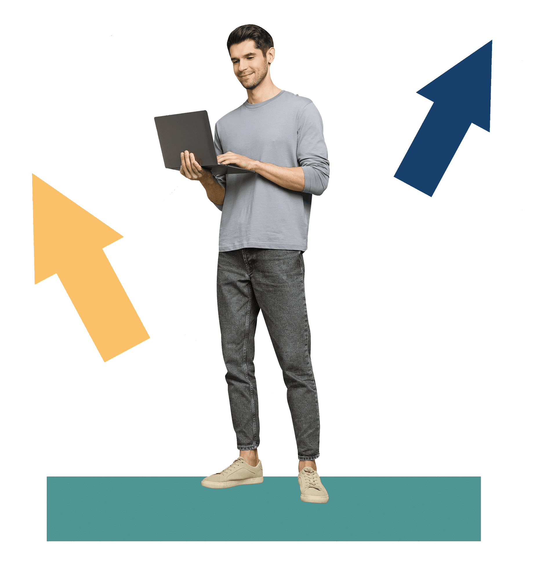 Collage of a man with a laptop between two upward arrows