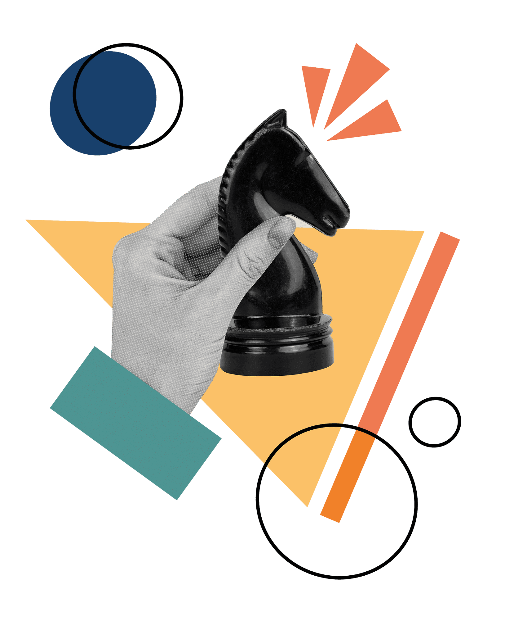 Collage of a hand moving a black knight chess piece