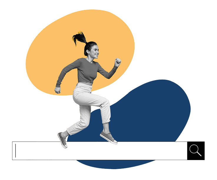 Collage of a woman running along a search bar
