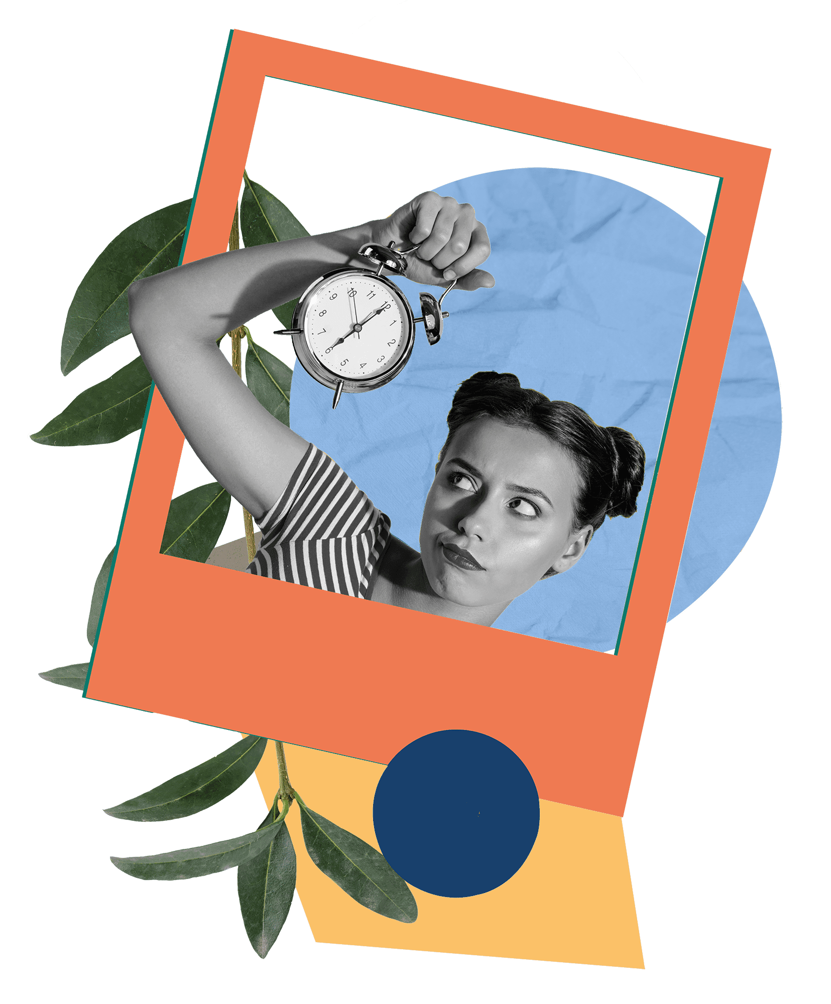 Collage of a woman holding a clock inside an orange photo frame, with leaves