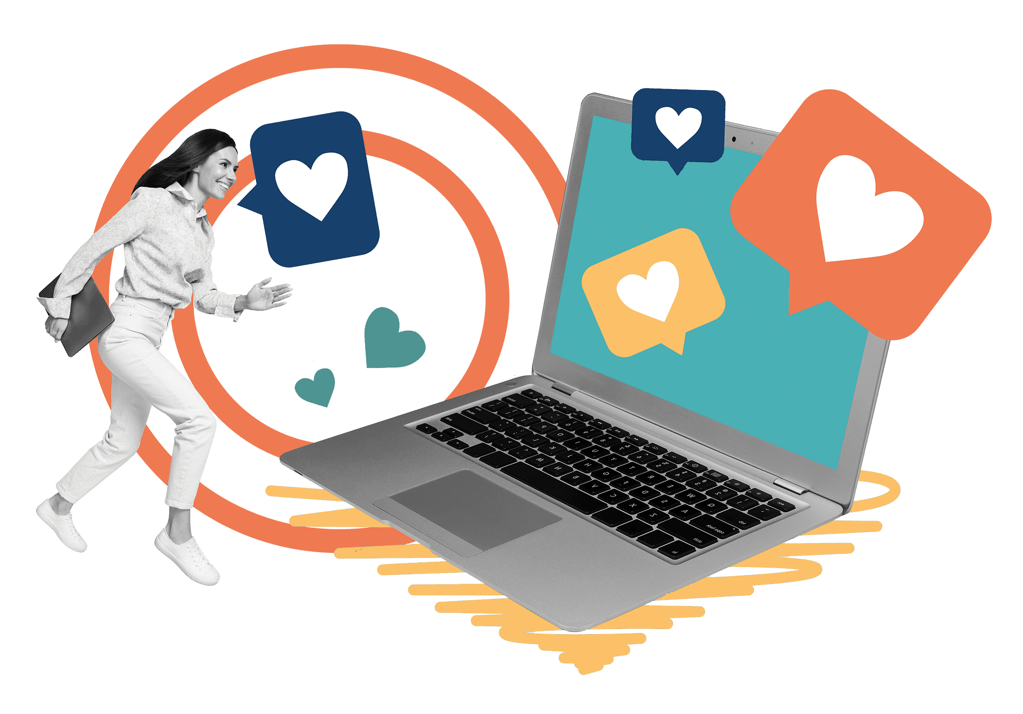 Illustration of a woman walking past a laptop surrounded by heart-shaped like icons