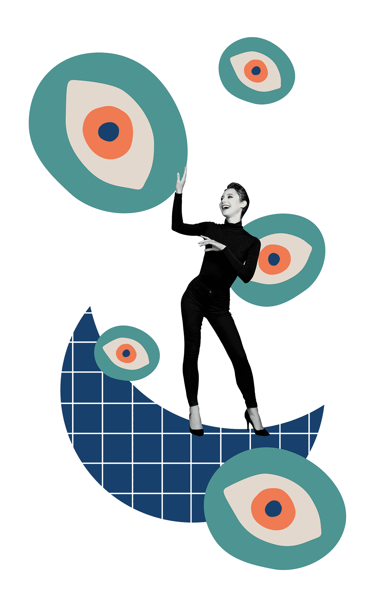 Collage of a woman surrounded by illustrated eyes